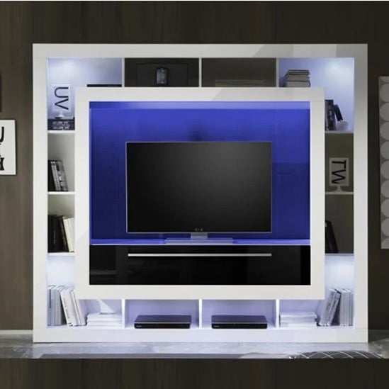 Melody LCD TV Stand In Gloss White Black With Shelving And LEDs